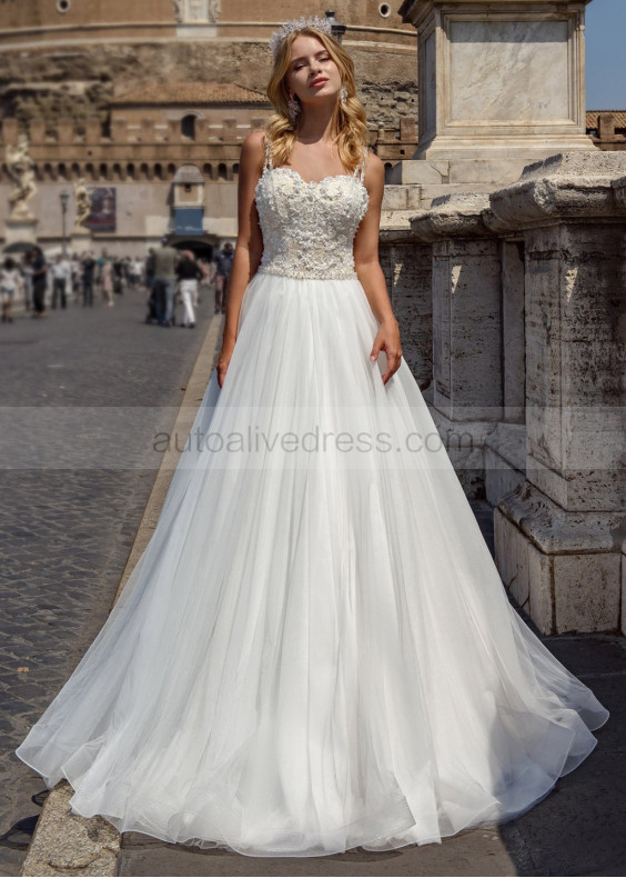 Beaded Double Straps Ivory Lace Tulle Wedding Dress